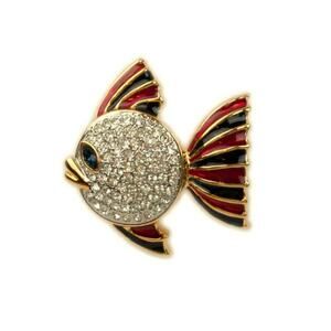 1980s Pavé White Rhinestone Red & Black Enamel Swimming Gold Fish Pin Brooch